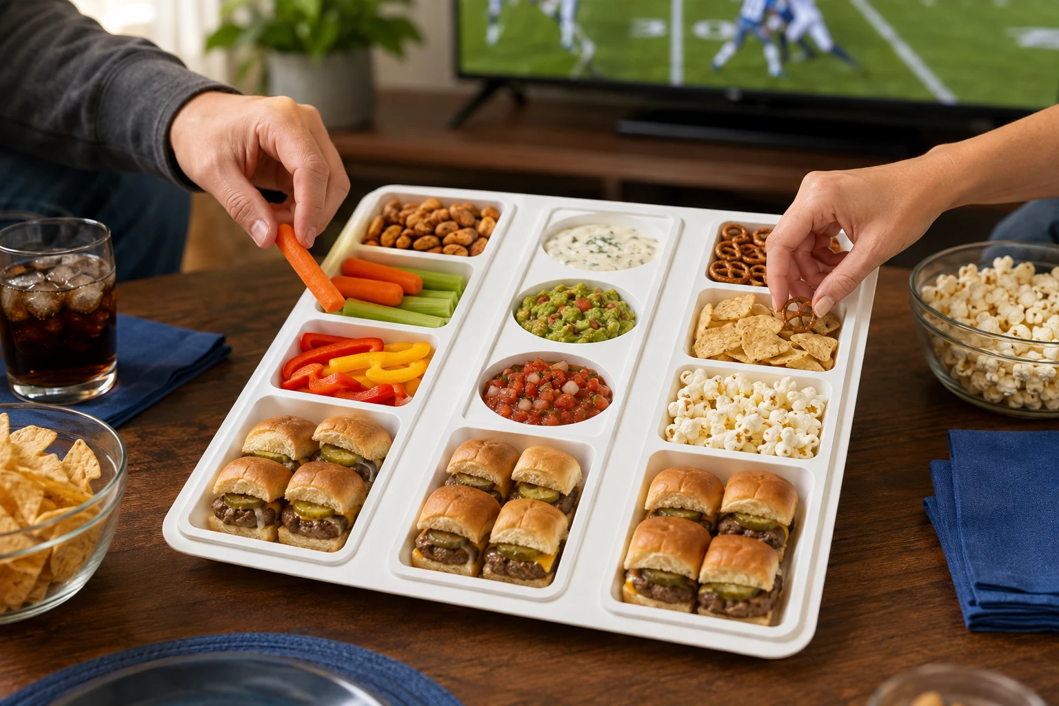 Friends sharing sliders, vegetables, chips, and dips from a Throwaway Buffet tray while watching football