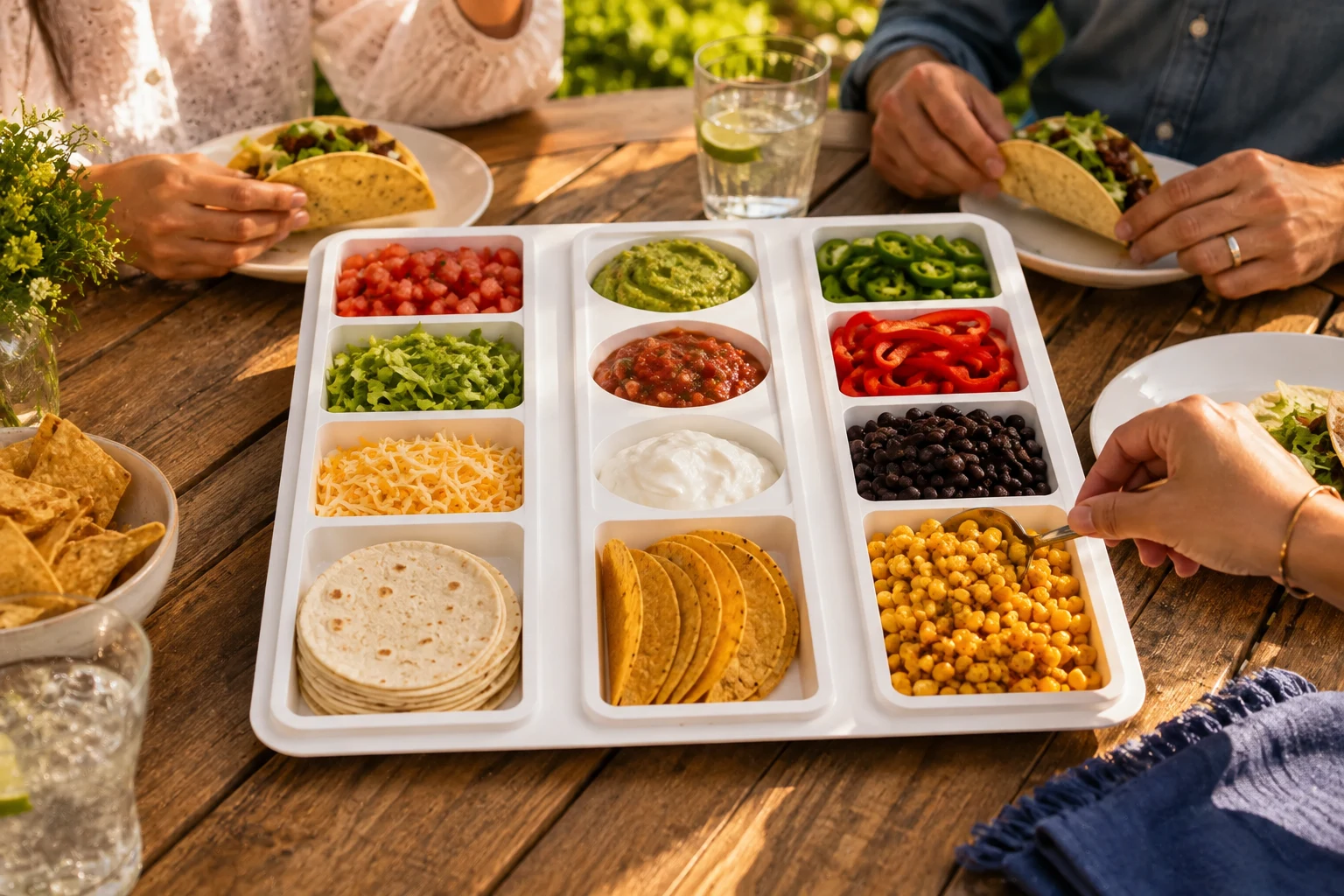 Friends making tacos from tortillas, vegetables, beans, and dips arranged in a Throwaway Buffet tray